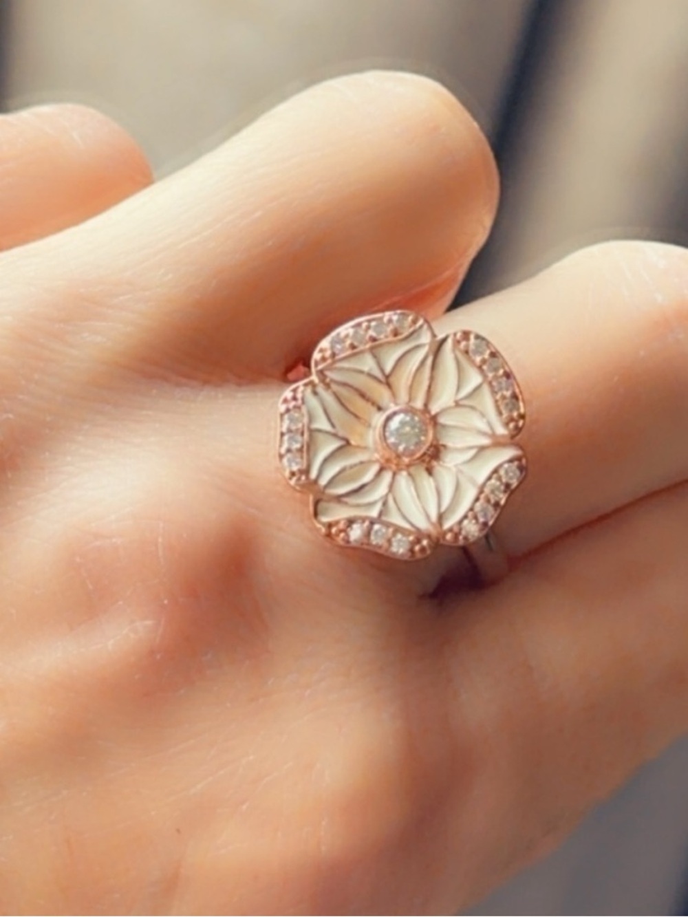 Rose Gold Art Deco Enamel Flower Statement Ring - Size 9.5